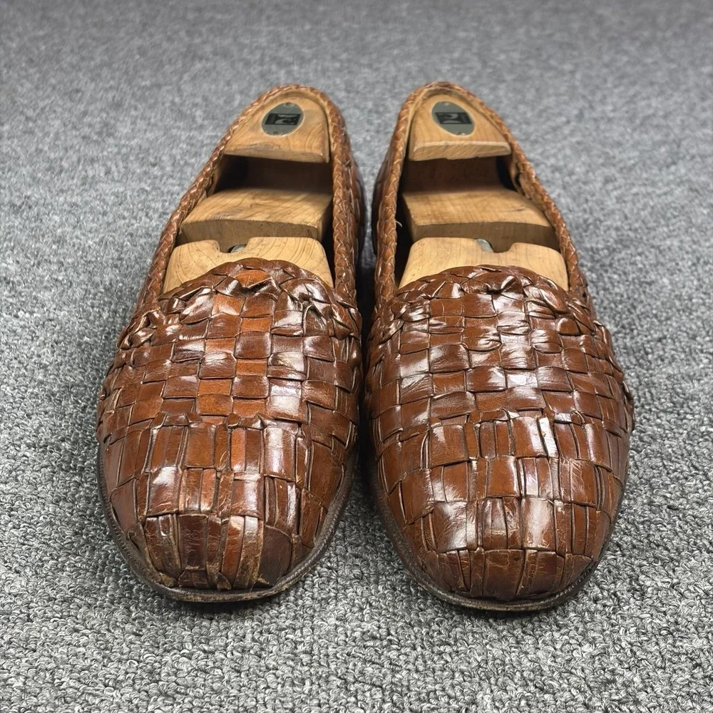Moreschi Woven Leather Loafers Mens 10 Brown Handmade Italy Basket Weave Slip On